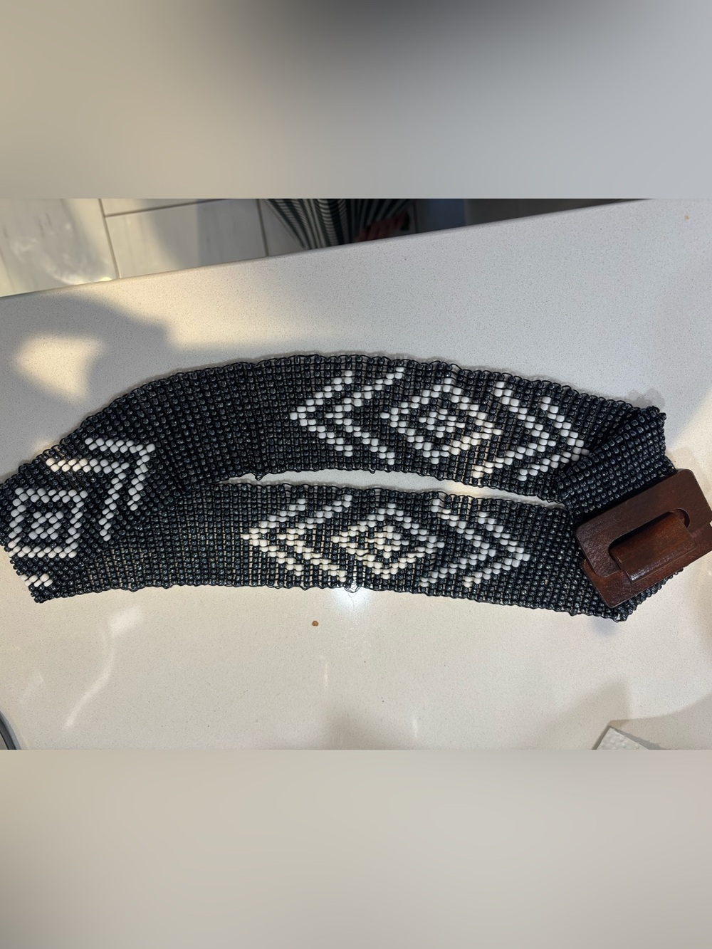 Black & White Beaded Geometric Stretch Belt